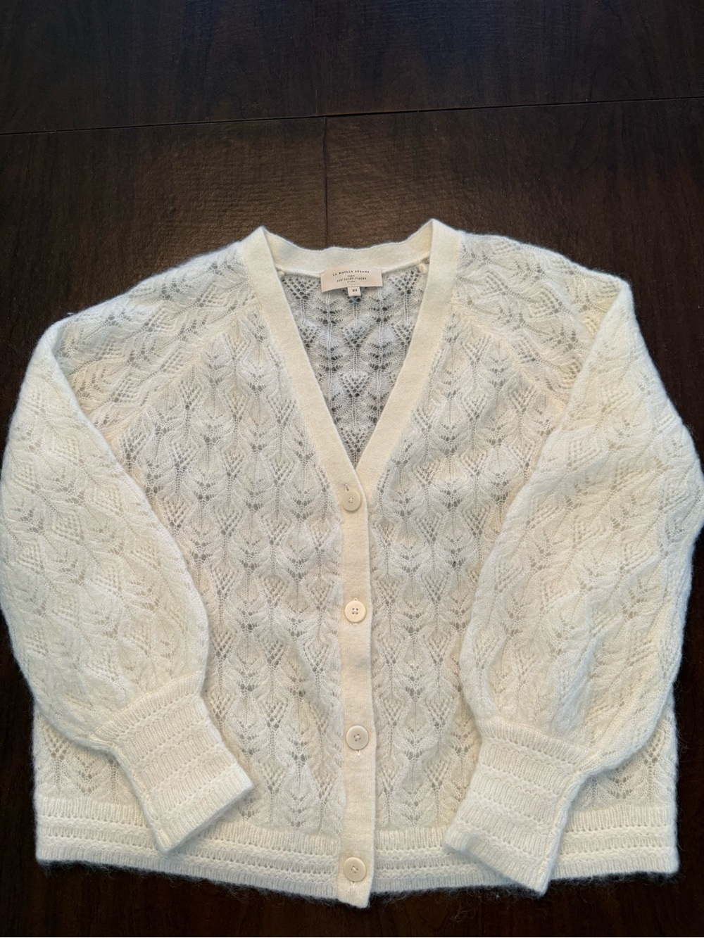 Sezane Cream White Knit Lace-Pattern V-Neck Cardigan